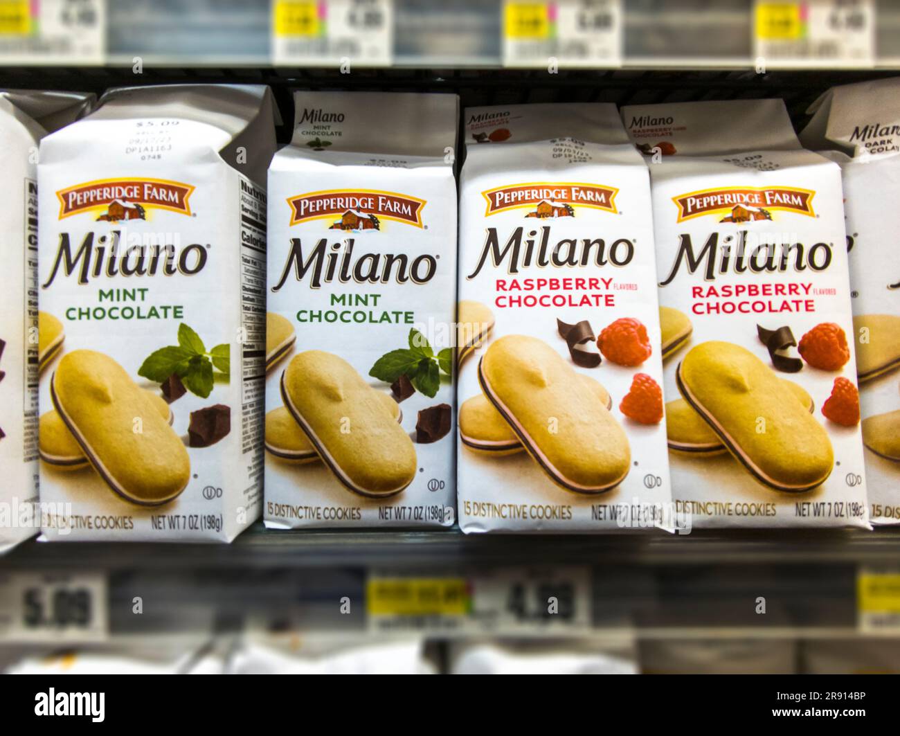 Pepperidge Farm Milano cookies are seen on a supermarket shelf on Wednesday, June 21, 2023. Pepperidge Farms is a brand of the Campbell Soup Co. (© Richard B. Levine) Stock Photo