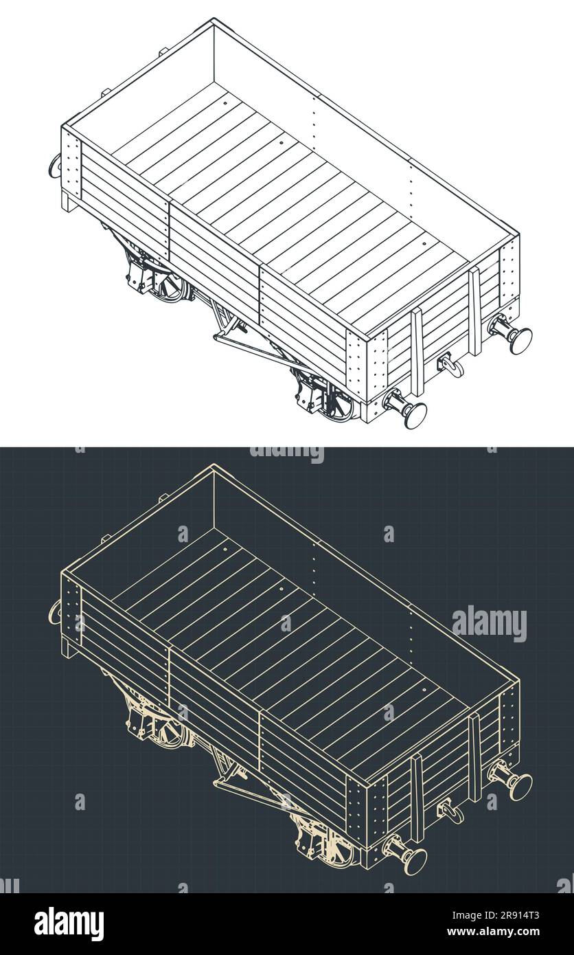 Stylized vector illustrations of isometric blueprints of 5 plank coal wagon Stock Vector