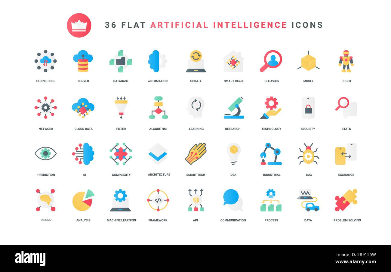 Machine and artificial brain of robot learning, smart algorithms and automation, data cloud analytics and statistics analysis. AI technology trendy flat icons set vector illustration Stock Vector