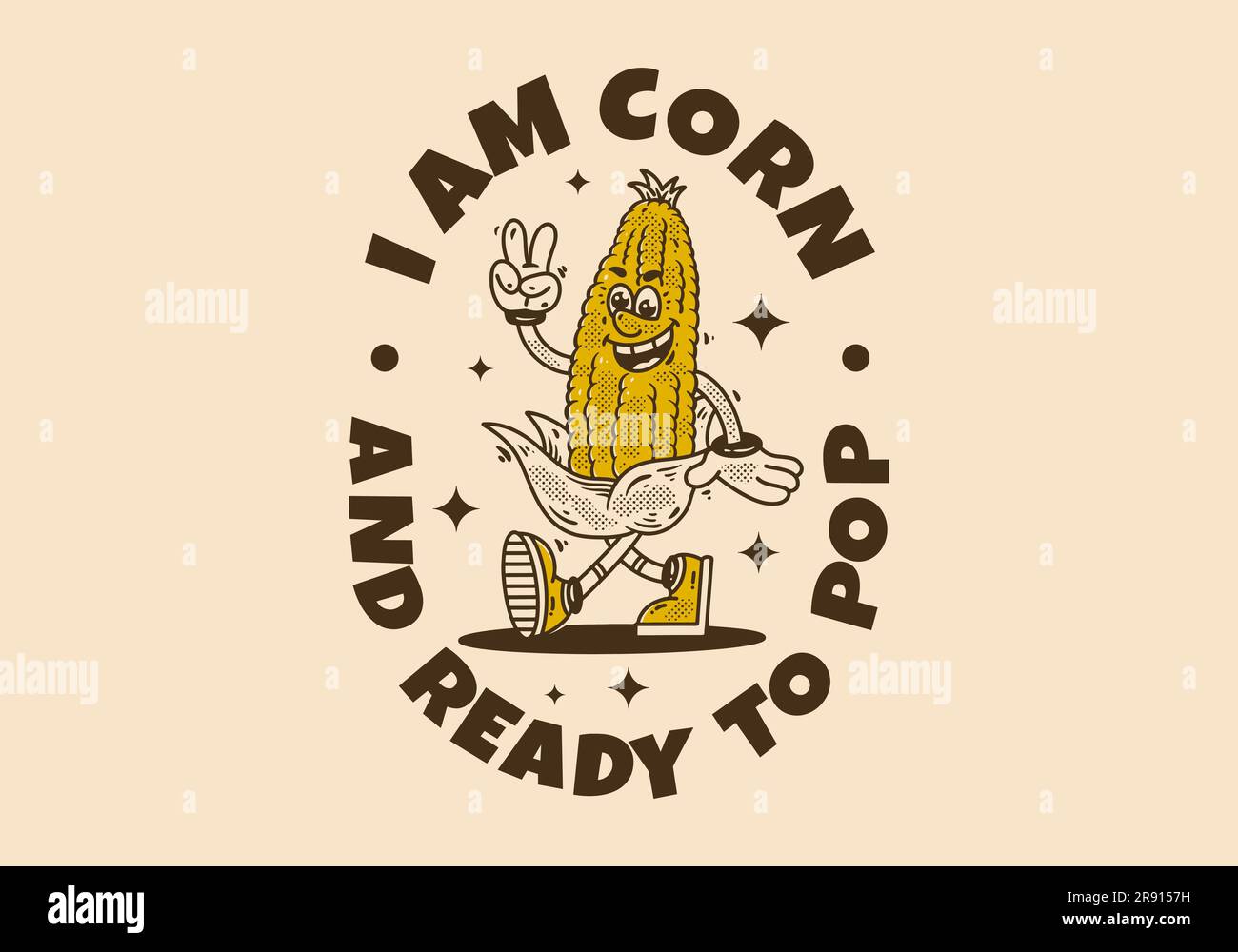 Corn mascot character walking with happy face, drawing in vintage style