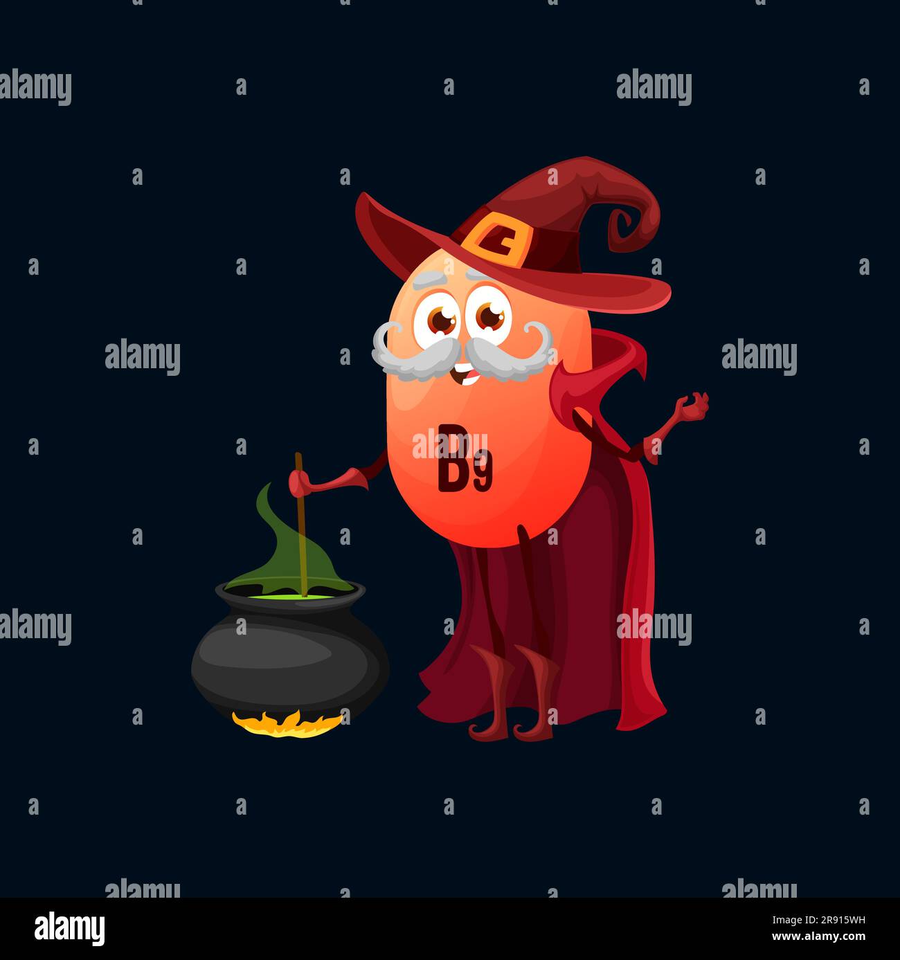 Cartoon vitamin B9 mage character. Vector magician with gray mustaches