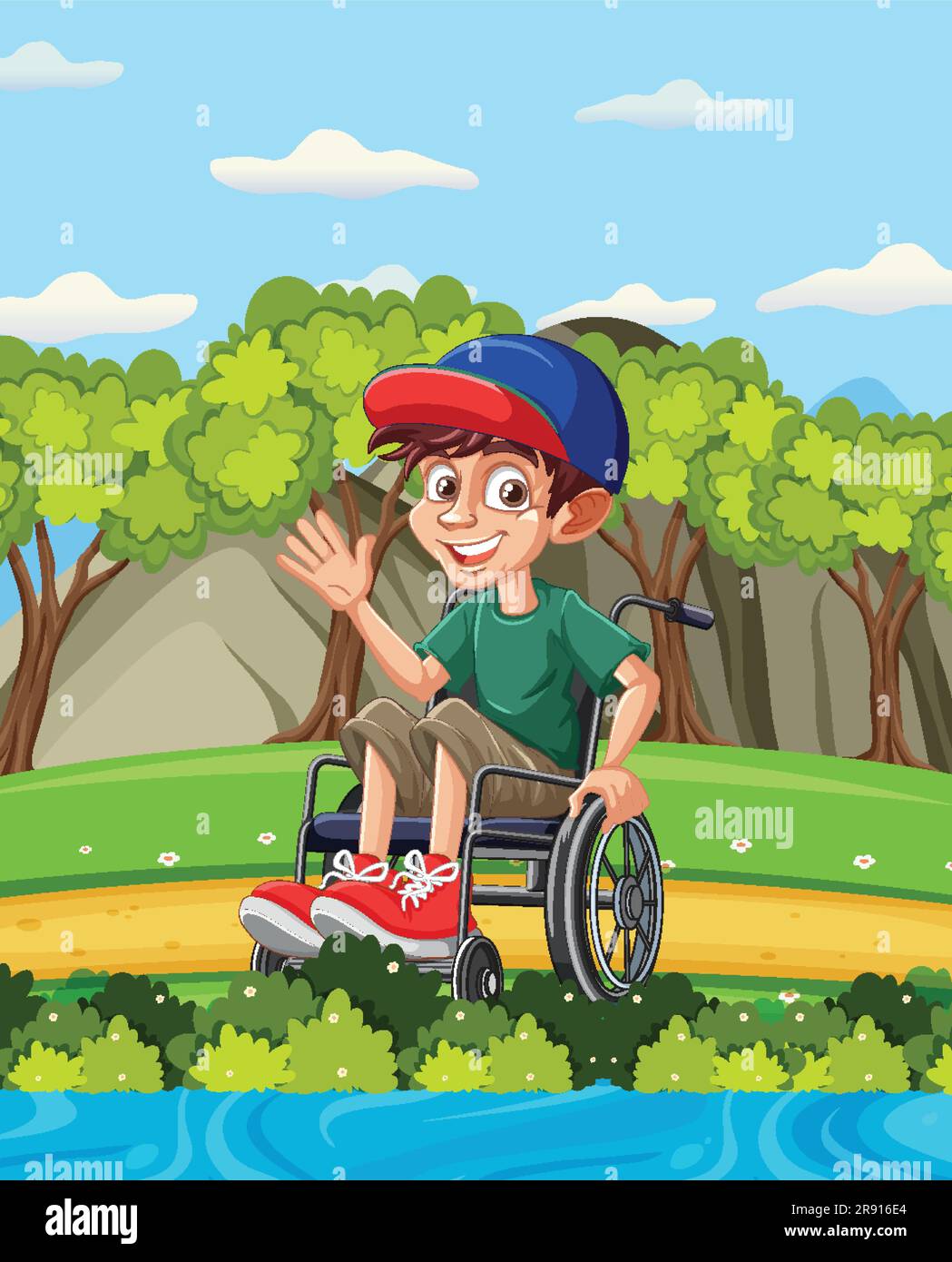 Happy Disabled Man in Wheelchair at Park illustration Stock Vector