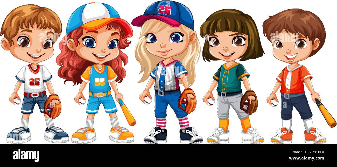 Girls in Baseball Outfits Cartoon Character illustration Stock Vector