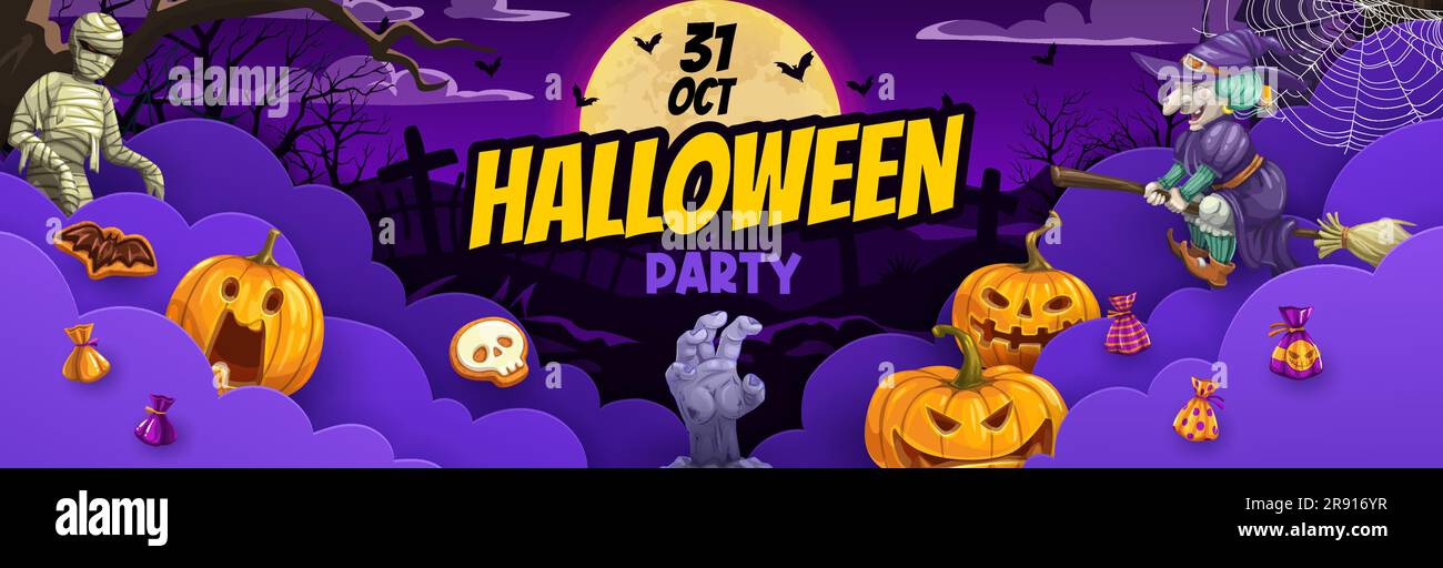 Halloween paper cut banner with clouds, witch, pumpkins and sweets ...