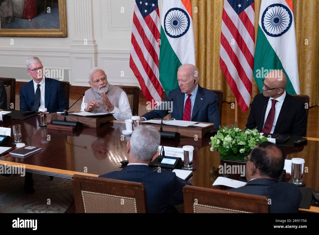 Washington, United States. 23rd June, 2023. President Joe Biden and Prime Minister Modi of India meet with senior officials and CEOs of American and Indian companies gathered to discuss innovation, investment, and manufacturing at the White House in Washington, DC, on Friday, June 23, 2023. Photo by Chris Kleponis/UPI Credit: UPI/Alamy Live News Stock Photo