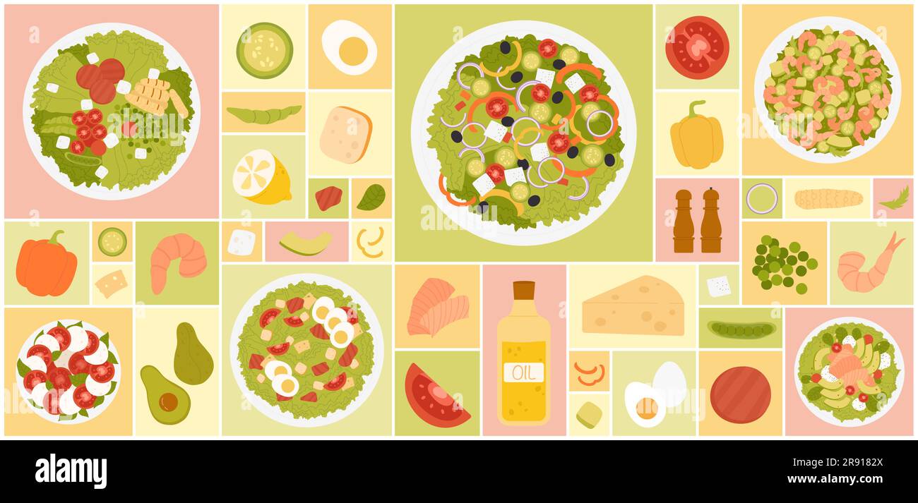 Cartoon isolated top view of healthy food, salad plates and ingredients, fresh vegetable and shrimp, salmon avocado slice in trendy geometric design background. Salad square set vector illustration. Stock Vector
