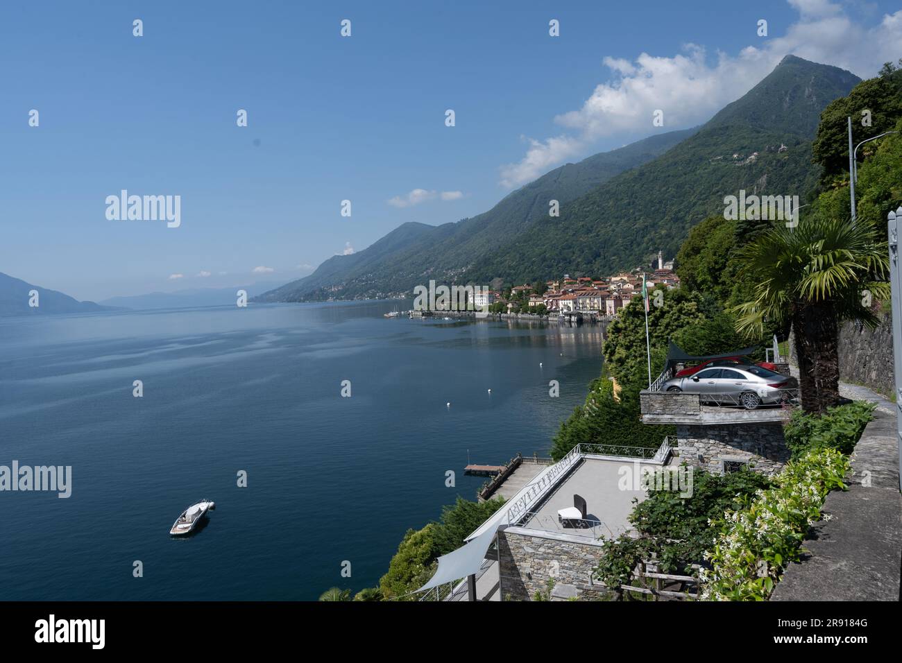 Cannero Riviera, Lake Maggiore. Panoramic view from the seafront of the old town. Piedmont, Italian Lakes, Italy, Europe Stock Photo