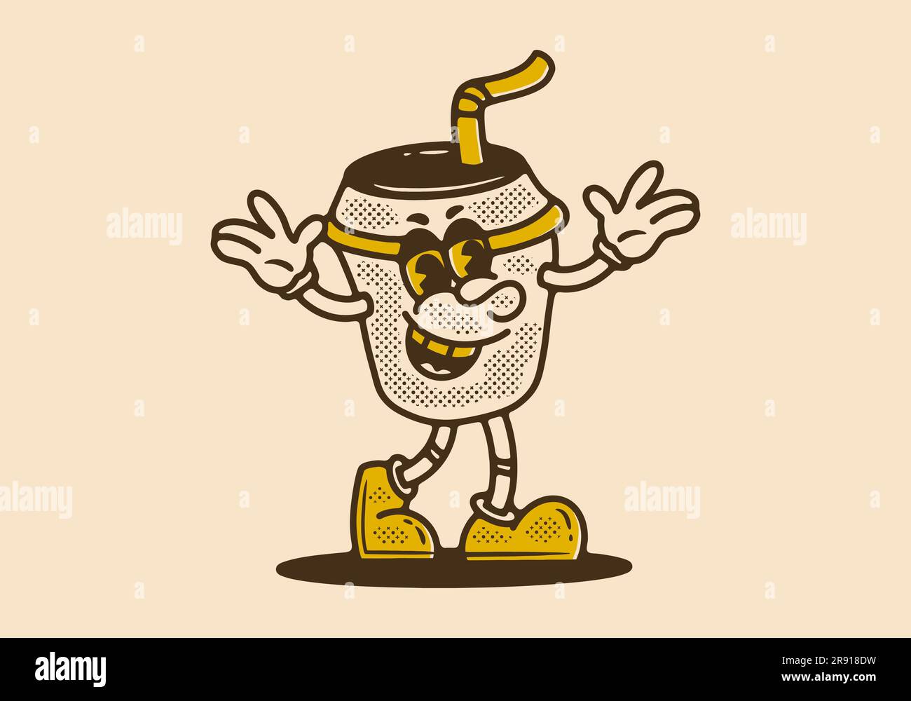 Coffee paper cup mascot character walking with happy face, drawing in ...