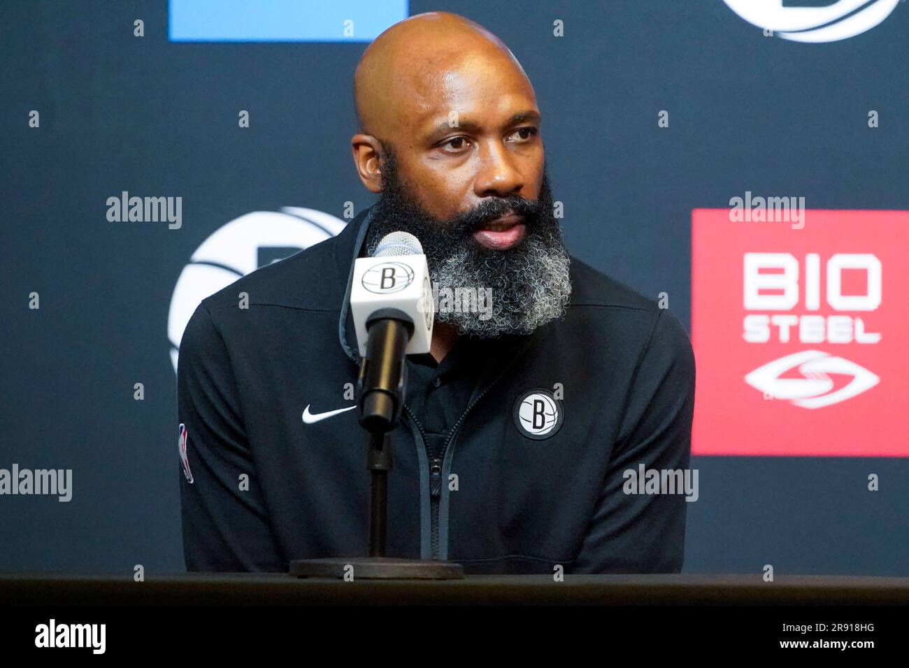 Brooklyn Nets head coach Jacque Vaughn speaks to reporters during a