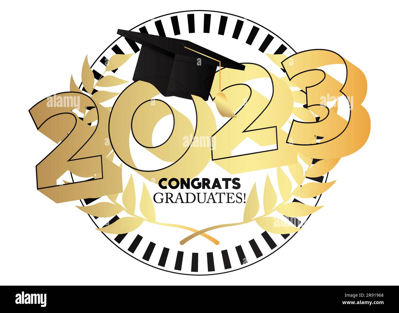 Graduation black and gold vector design. Class of 2023, golden high school or college graduate template. Text for congratulation event, party, greetin Stock Vector