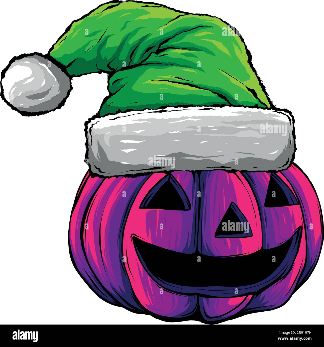 vector illustration of Halloween pumpkin face in santa claus hat. Stock Vector