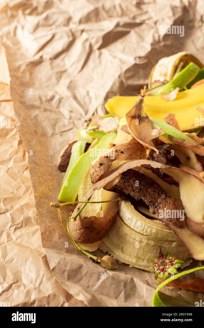 Food organic waste on eco friendly parchment paper, fruit and vegetable