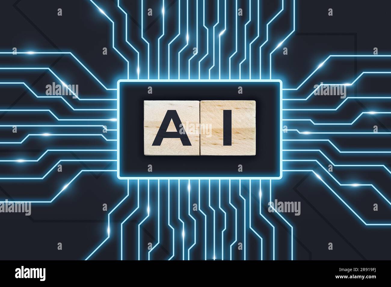 AI (Artificial Intelligence) wooden cubes on abstract process background Stock Photo