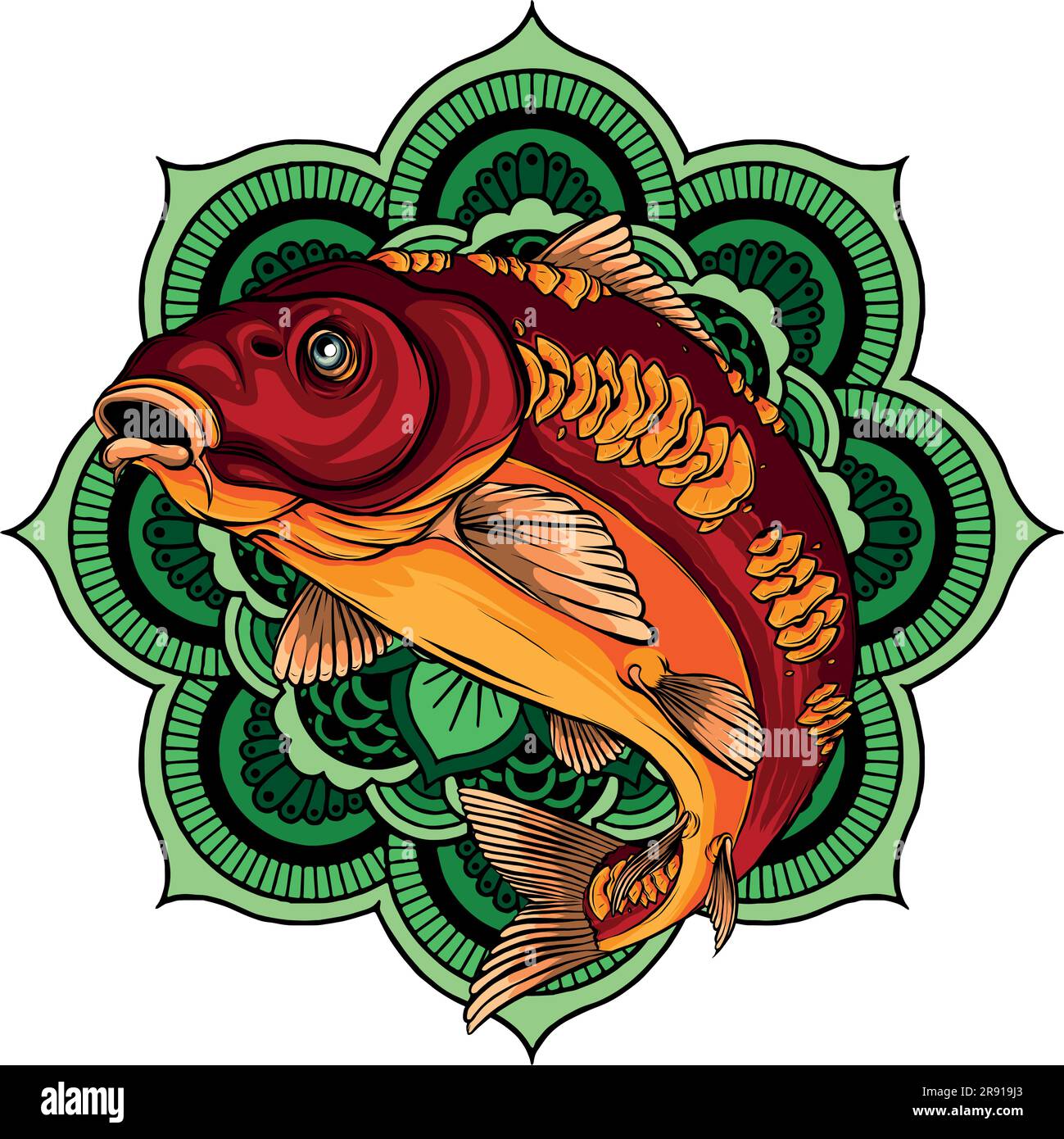 vector illustration of carp fish on Mandala round pattern Stock Vector