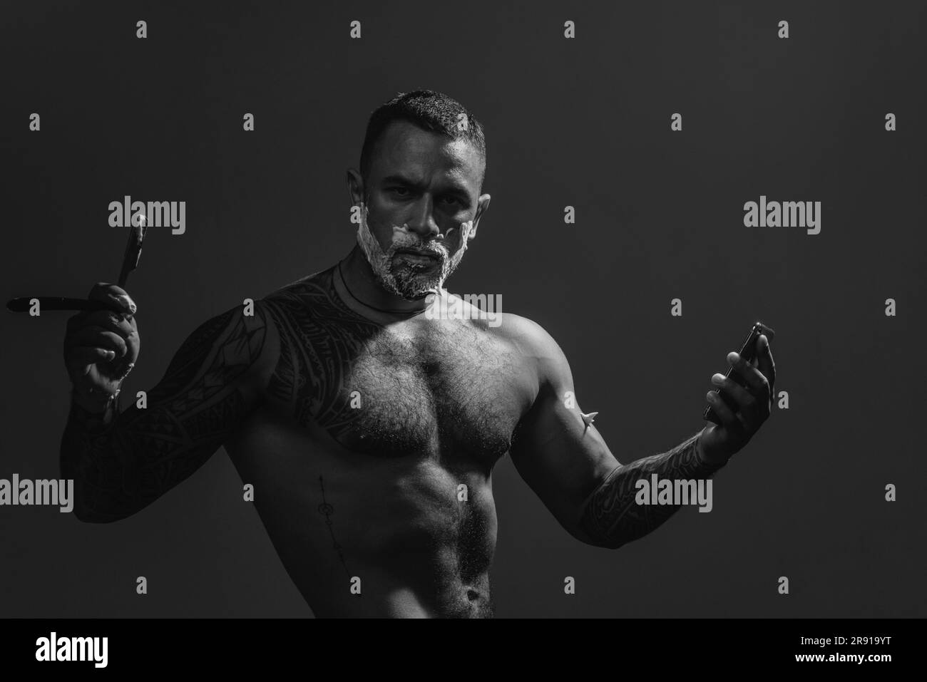 Latin man Shaving and razor. Barber Shaves and Trims. Shaving Cream and Moustache Wax. Barber