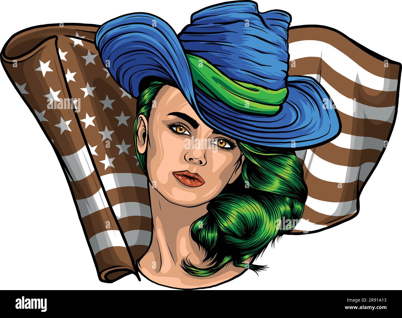 vector illustration of Woman with a cowboy hat and american flag Stock