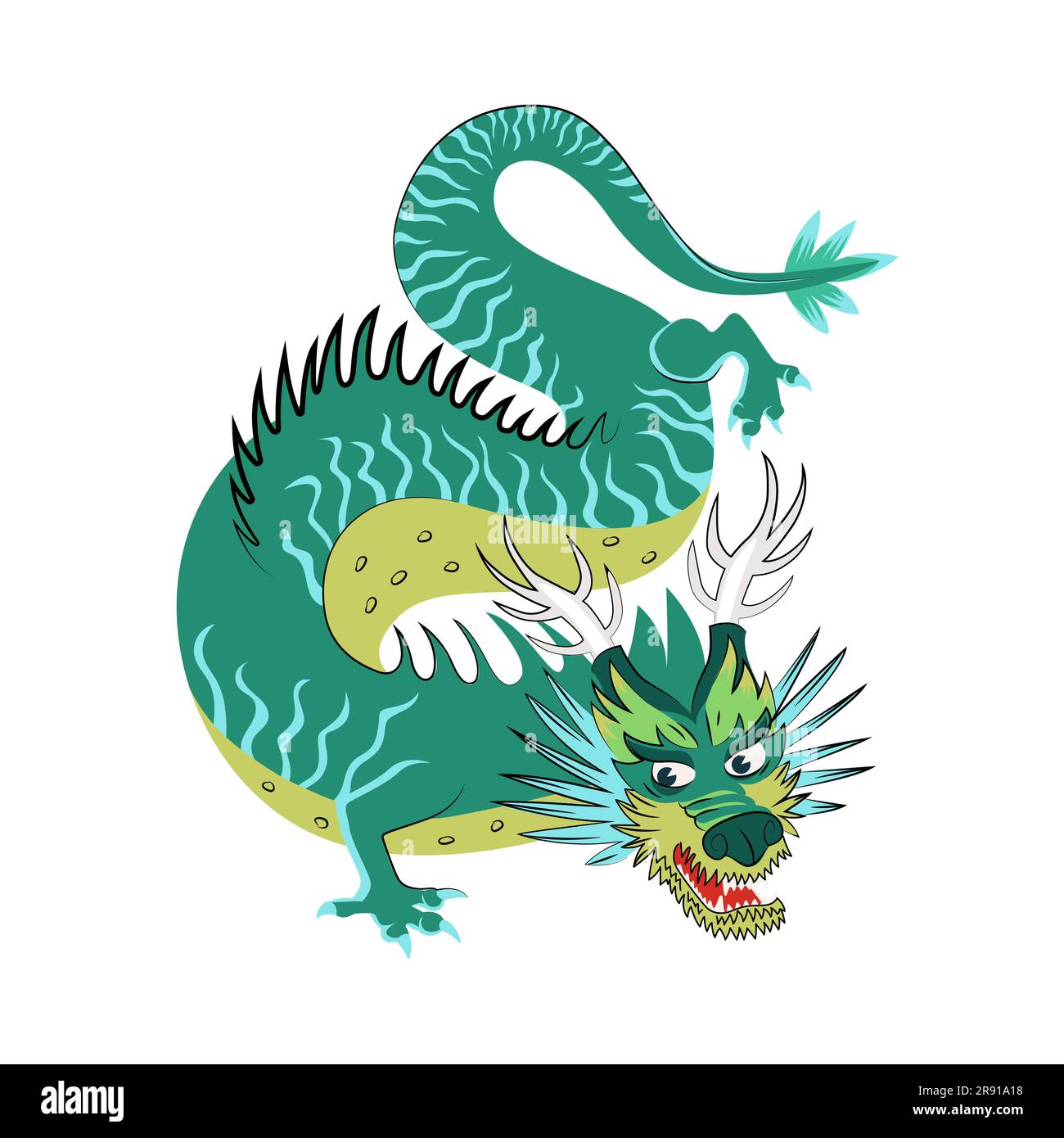 Traditional Chinese green dragon zodiac sign. Asian sacred symbol of goodness and power. Japanese ancient animal vector illustration isolated on white background Stock Vector