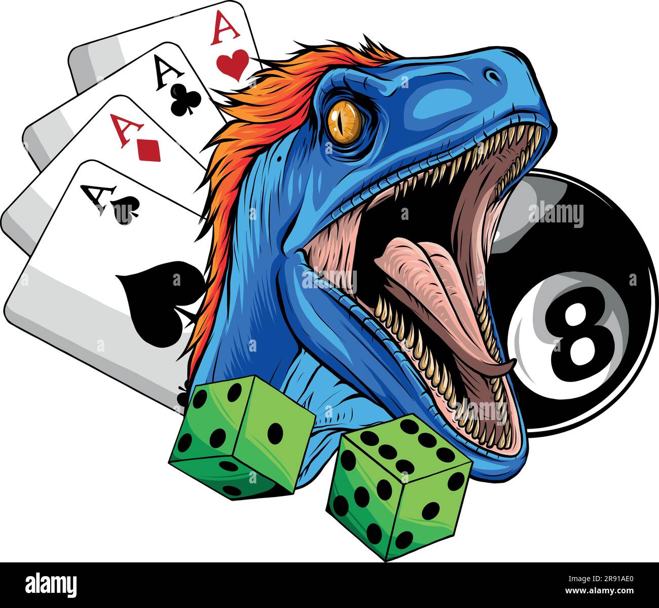 head of a velociraptor dinosaur with casino game Stock Vector