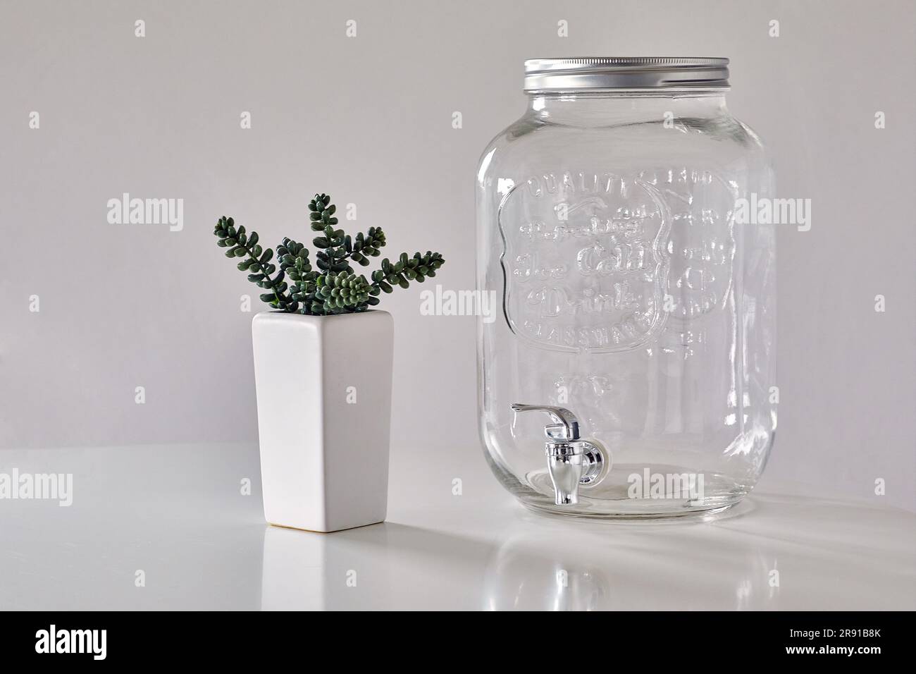 White Table with Succulent Plant in a White Pot and Empty Glass Water