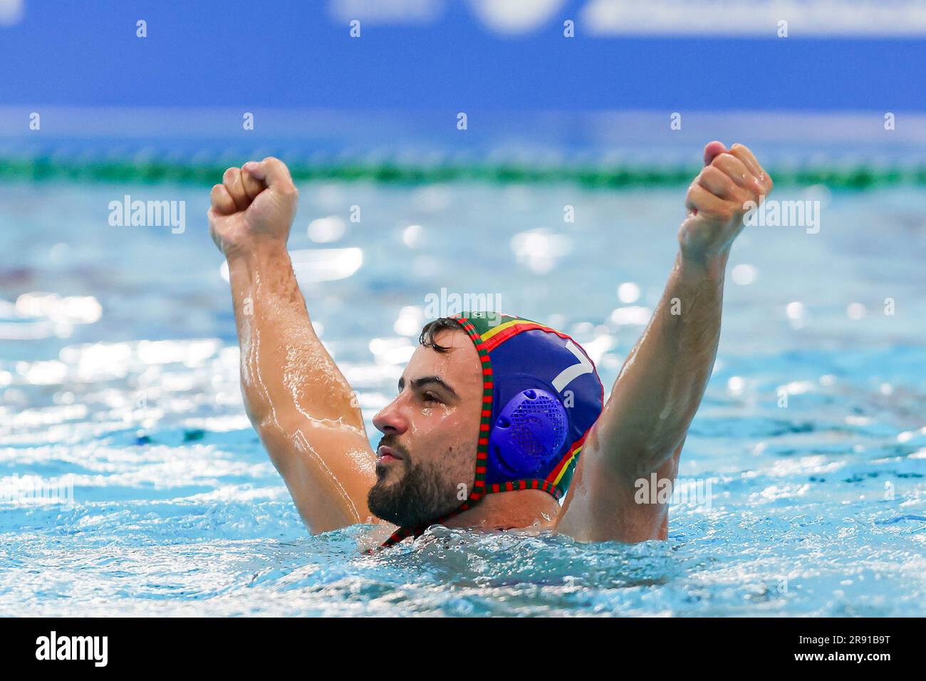 AMERSFOORT, NETHERLANDS - JUNE 23: Rui Manuel Ramos of Portugal celbrating his 10th goal during the LEN European Waterpolo Championships 2024 Qualification match Lithuania v Portugal on June 23, 2023 in Amersfoort, Netherlands (Photo by Albert ten Hove/Orange Pictures) Stock Photo