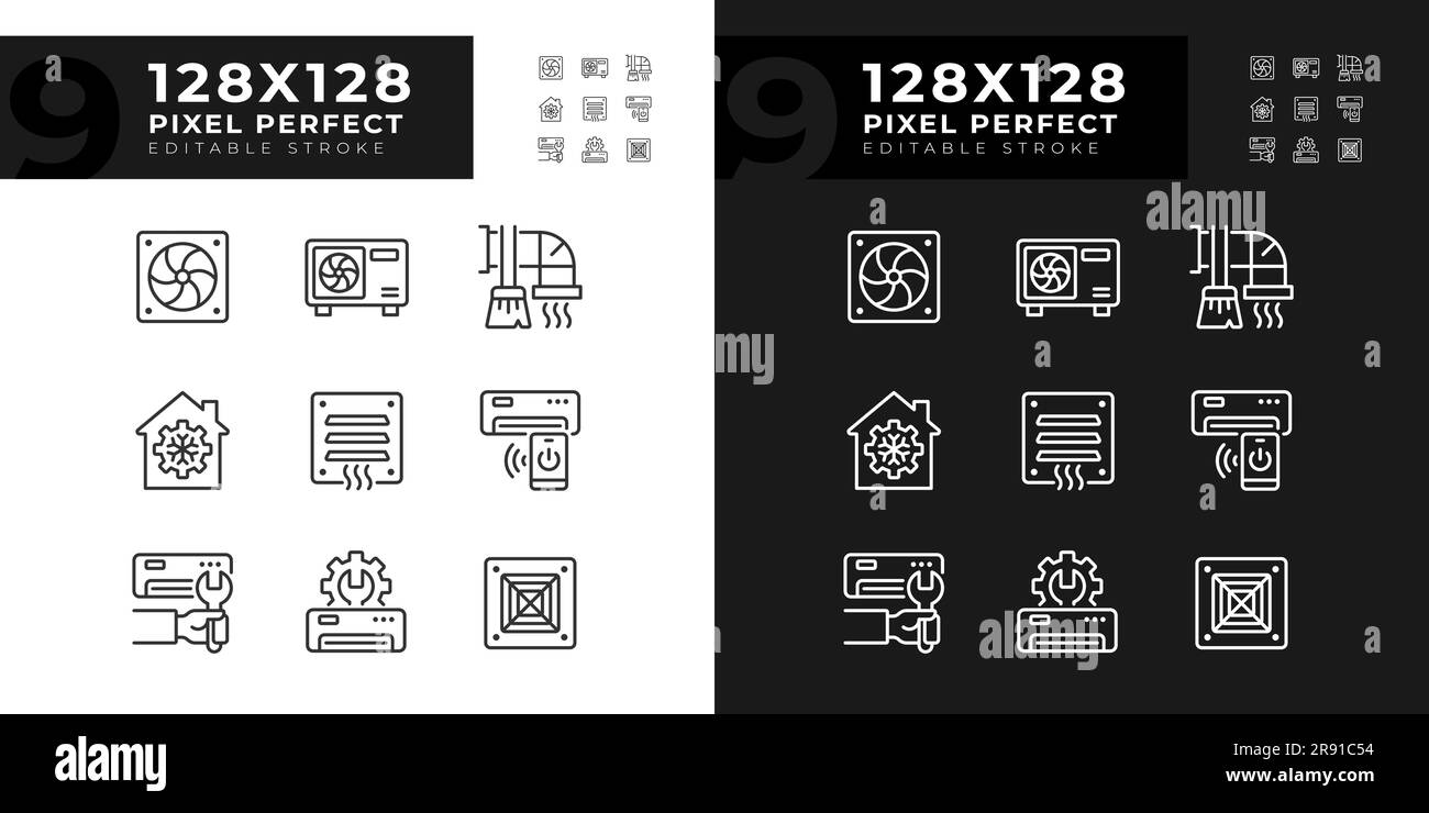Heating and cooling linear icons set for dark, light mode. Ventilation system. Air conditioner