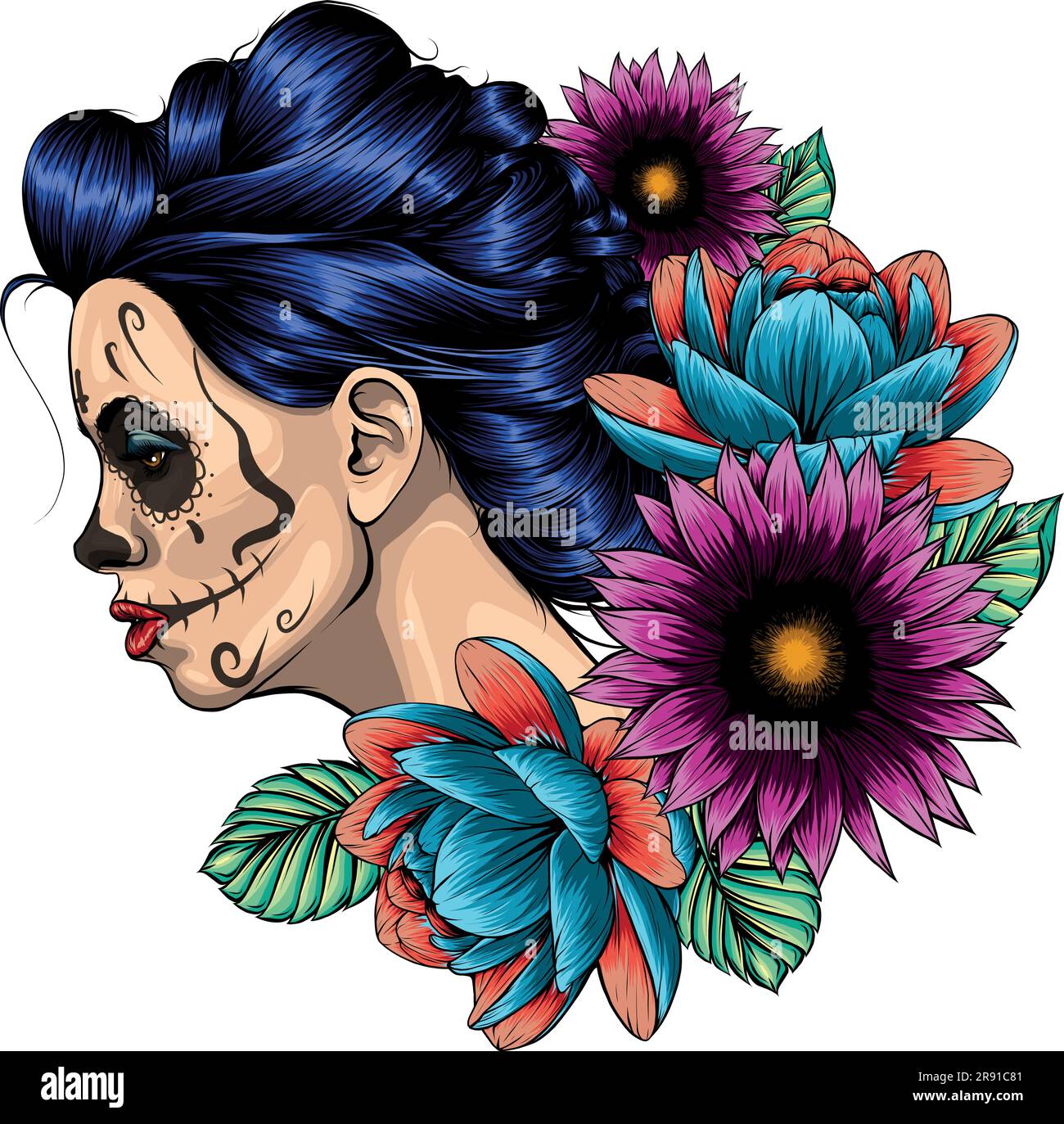 vector illustration of woman Skull sugar flower. Stock Vector