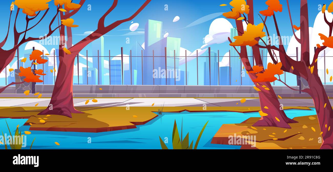 Autumn city park with pond and path near fence nature background scene ...