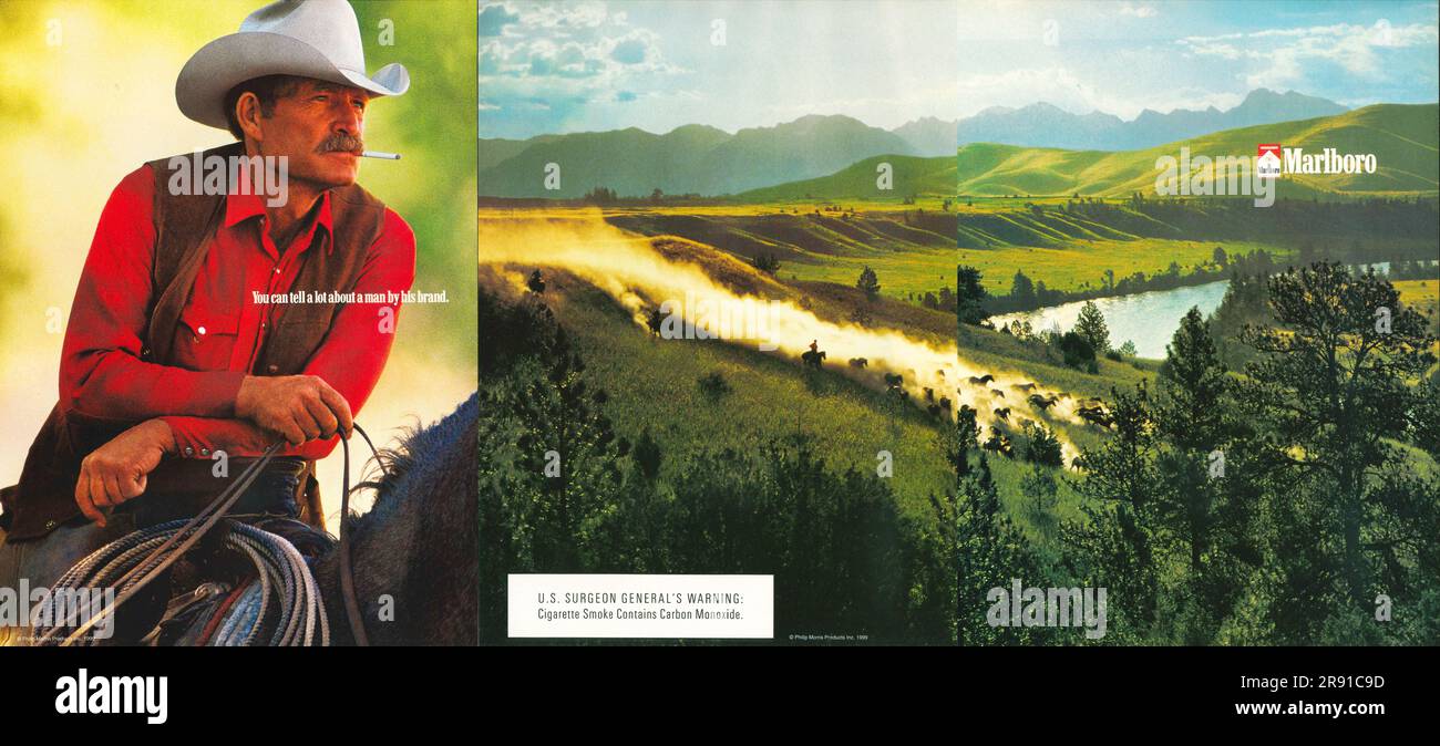 Marlboro cigarettes Cowboy in a hat on a horse advert in a magazine 1999. U.S. Surgeon gemeral's warning: Cigarette smoke contains carbon monoxide Stock Photo
