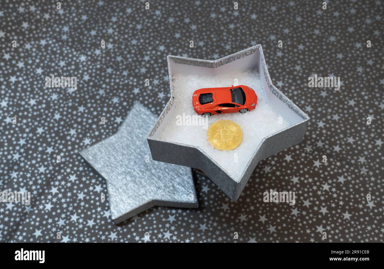 To The Moon new car soon! Bitcoin as a gift, bitcoin inside carton box,  christmas present, birthday gift, wedding present Stock Photo - Alamy