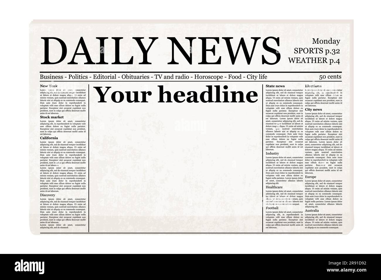 Newspaper front page template. Blank old vector generic newspaper ...