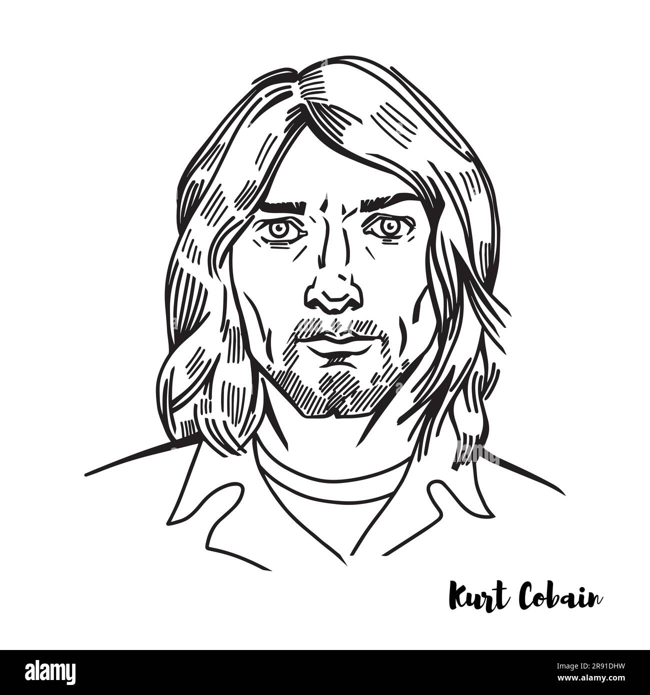 Tbilisi, Georgia - May29, 2023: Kurt Cobain engraved ink vector portrait. American musician & ocalist of the rock band Nirvana Stock Vector