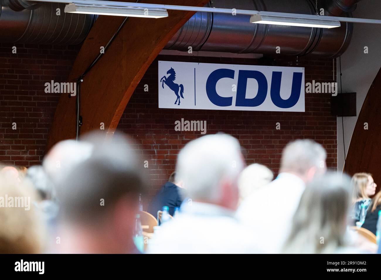 Bad Fallingbostel, Germany. 23rd June, 2023. A sign with the logo of the CDU Lower Saxony hangs at the state party conference in the Heidmarkhalle. At the party conference, the focus is on the party's programmatic orientation. Credit: Michael Matthey/dpa/Alamy Live News Stock Photo