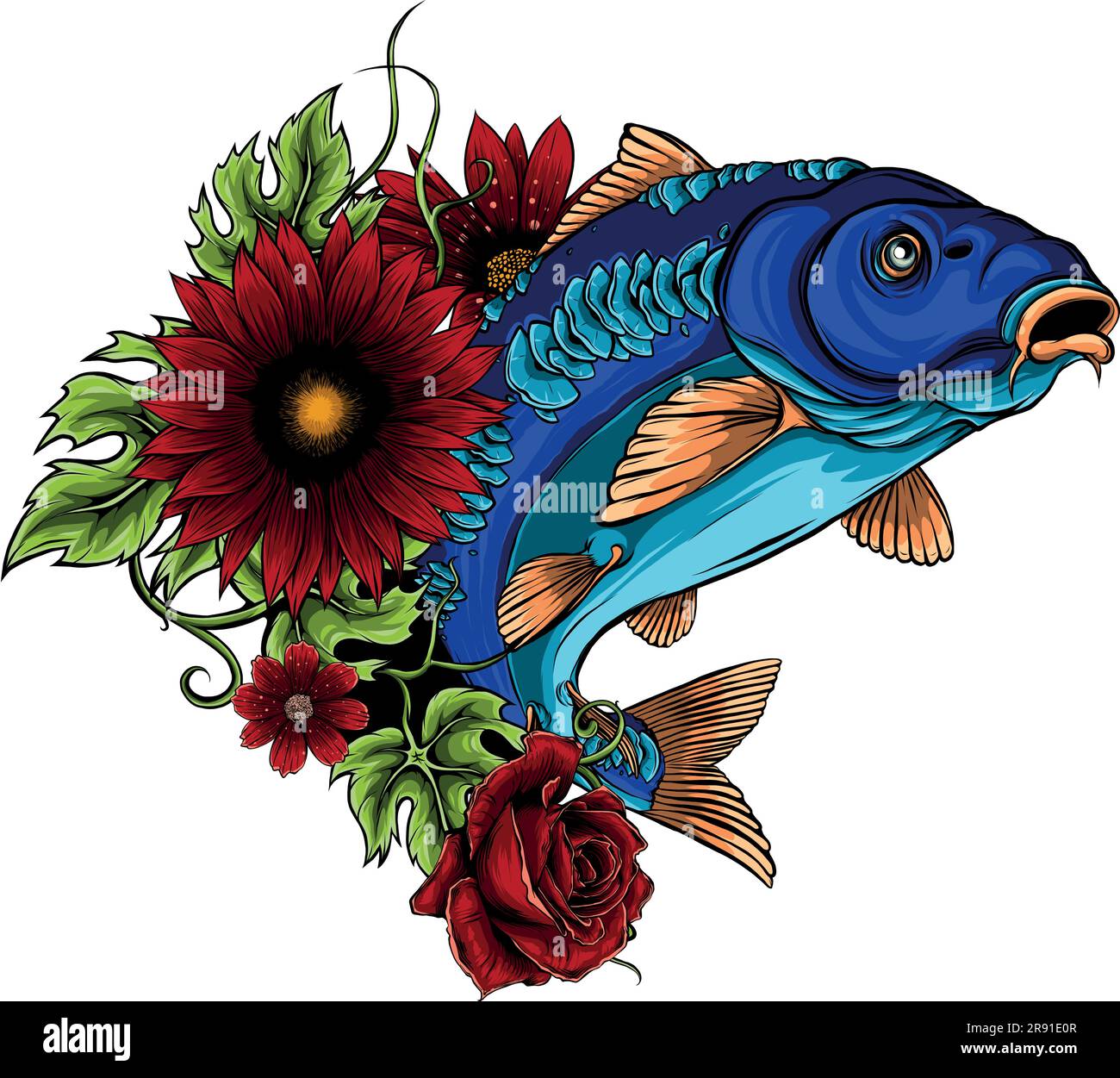 vector illustration of carp and flowers design Stock Vector
