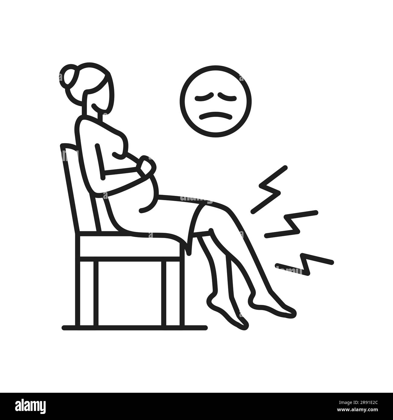 Woman sitting on chair with edema and swelling pain in legs, varicose veins outline icon. Vector