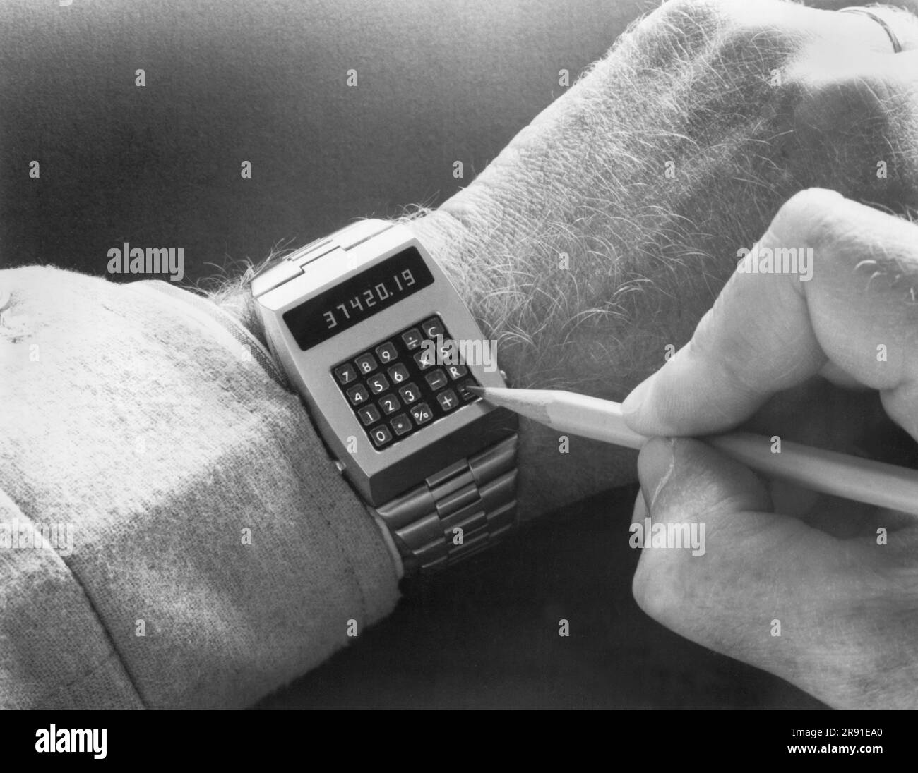 Newport Beach, California:  c. 1974 The Hughes Aircraft Company's digital combination calculator and watch. Stock Photo