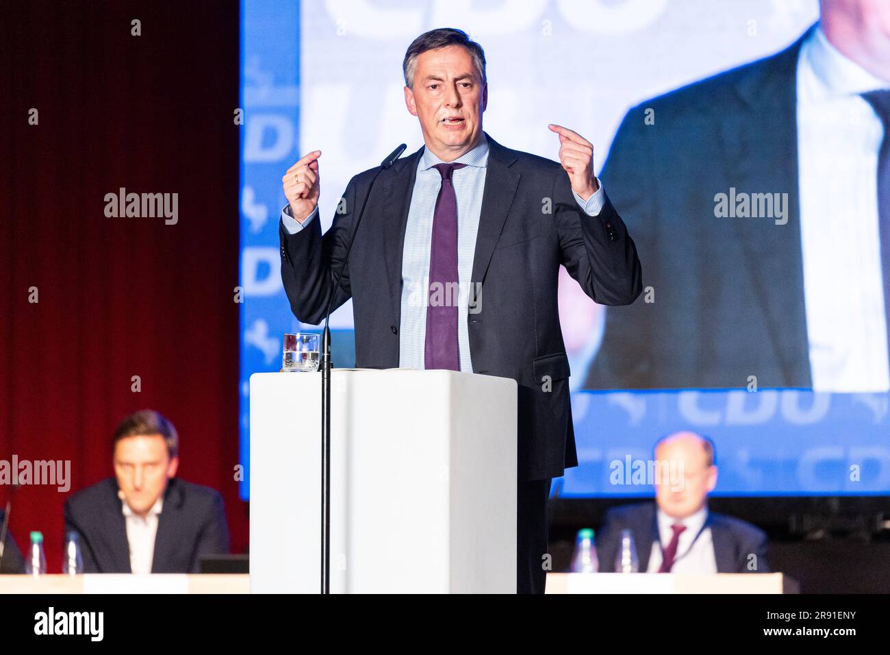 Bad Fallingbostel, Germany. 23rd June, 2023. David McAllister (CDU), Member of the European Parliament, speaks at the state party conference on stage in the Heidmarkhalle. The party conference will focus on the party's programmatic orientation. Credit: Michael Matthey/dpa/Alamy Live News Stock Photo