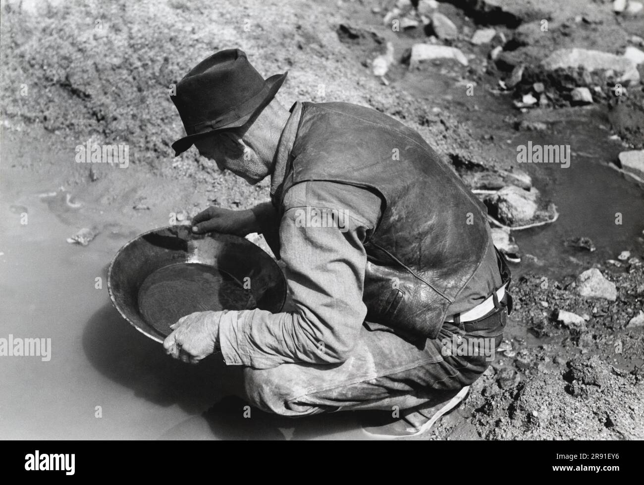 Pinos Altos, New Mexico:  May, 1940  A prospector panning for gold. The light objects in his pan are probably not gold as it is very unusual to find pieces this large in this section. They are probably mica (fools' gold) or mercury, which is used to attract the gold Stock Photo