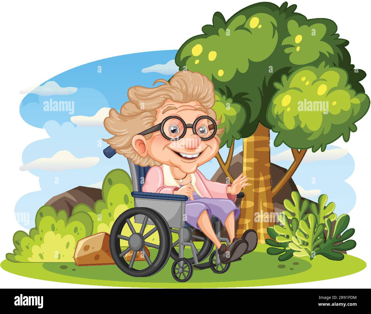 Happy Disabled Old Woman in Wheelchair in the Garden illustration Stock ...