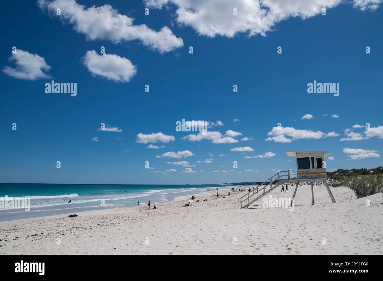View of the white sand beach and lifeguard station on Scarborough Beach near Perth in Western Australia Stock Photo