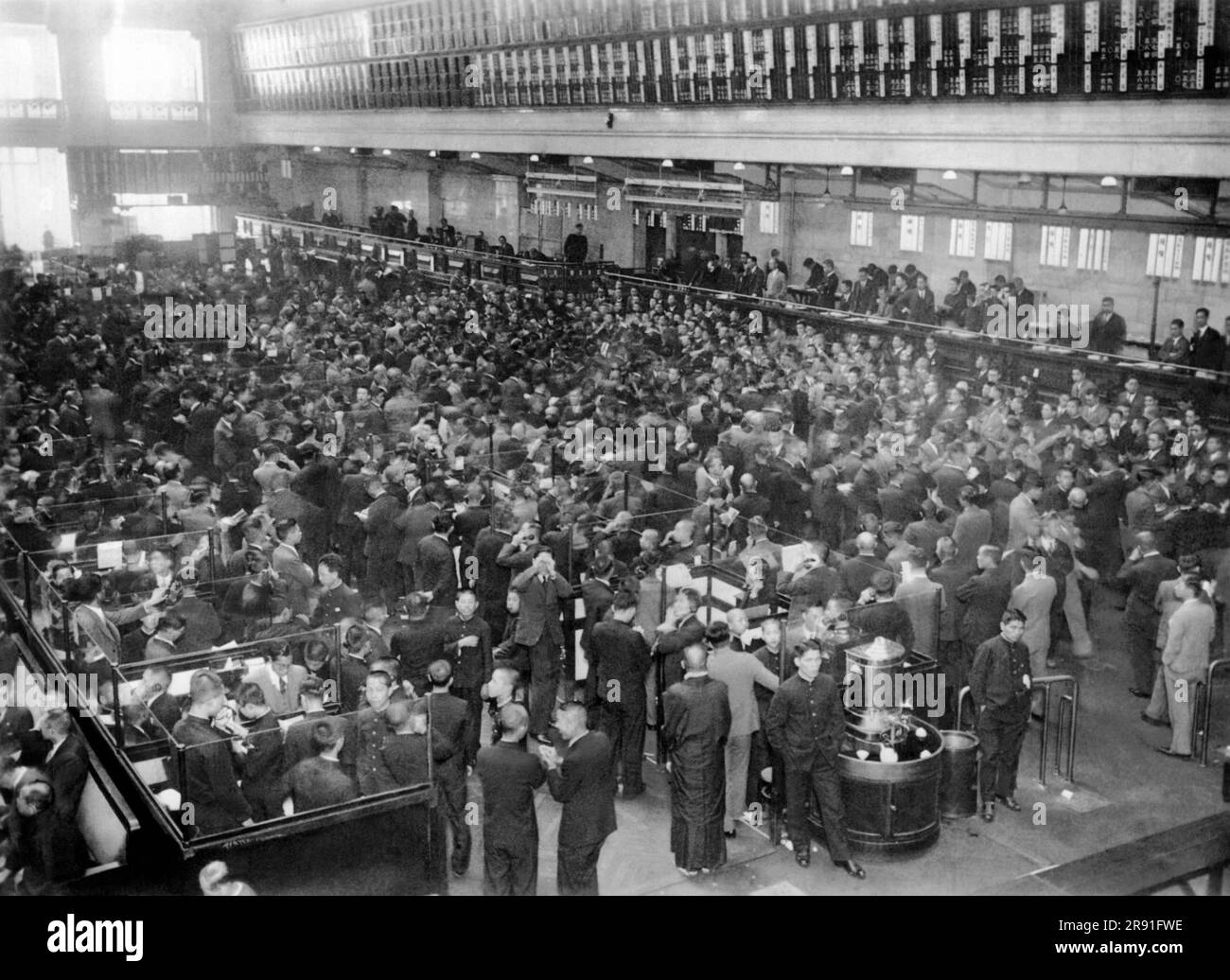 Tokyo, Japan:  November 26, 1932 The floor of the Tokyo Stock Exchange. The markets there boomed following the election of Franklin D. Roosevelt. Stock Photo