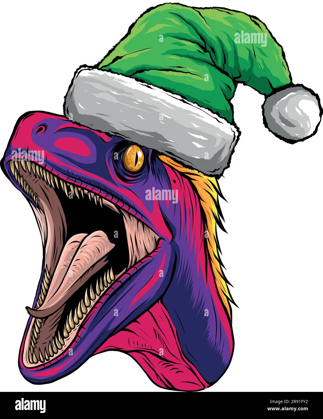 vector illustration of velociraptor head with christmas hat Stock Vector