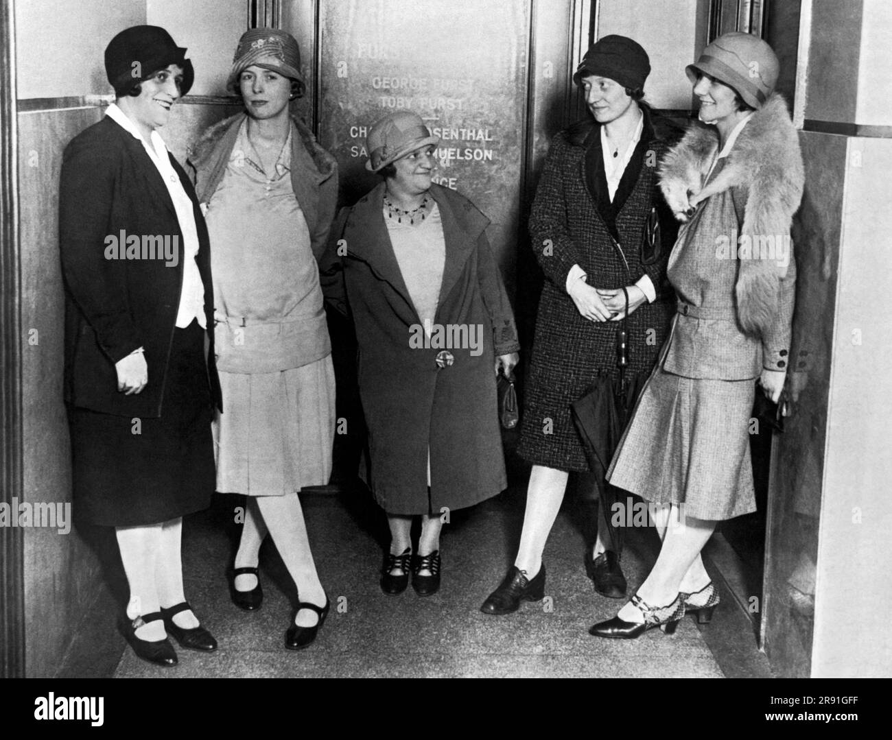 Newark, New Jersey,  1928 These five women were poisoned while painting luminous watch dials, which they were told was of no danger, for the U.S. Radium Corporation and because they are now slowly dying of radium necrosis, they hastened to press suits for a quarter million dollars each and the five of them settled with the corporation for $10,000 each, an annuity of $600 each for as long as they live, and free medical and counsel fees. Stock Photo