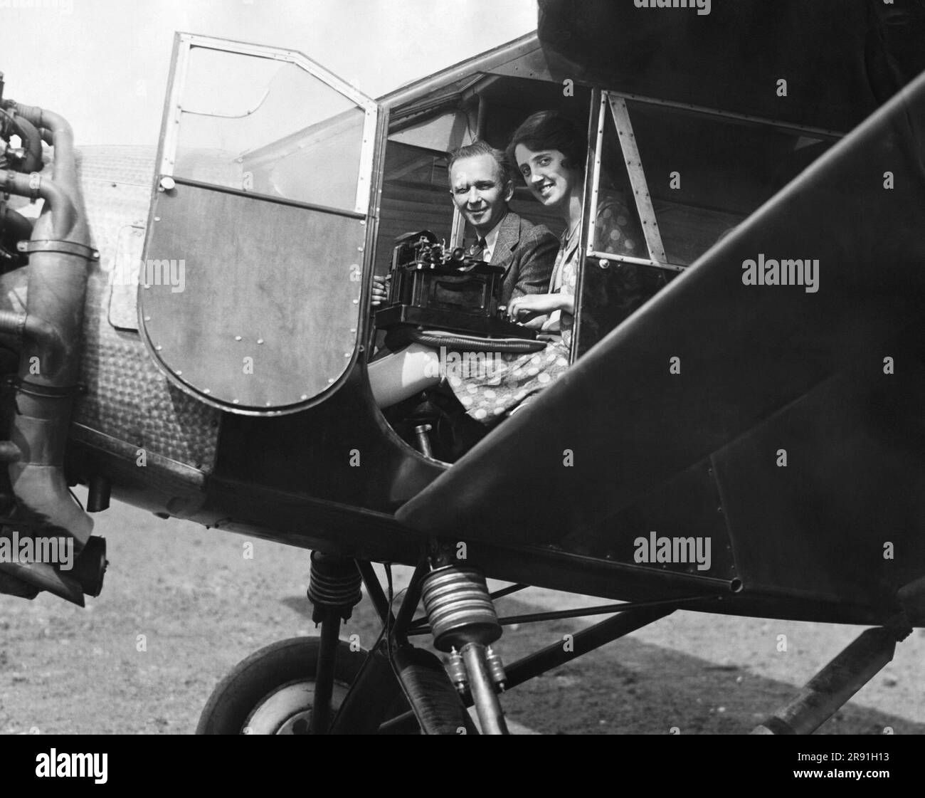 Newaek, New Jersey:  June 3, 1929 Aviator Clarence Chamberlin with his flying secretary ready for take off in an airplane. Stock Photo