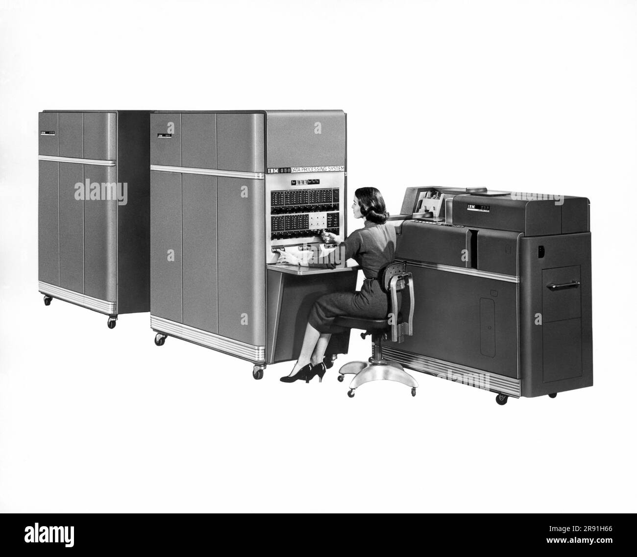 New York: 1954. IBM introduces the IBM 650 Data Processing System, which was the first mass produced computer, selling 450 of them in the first year. Stock Photo