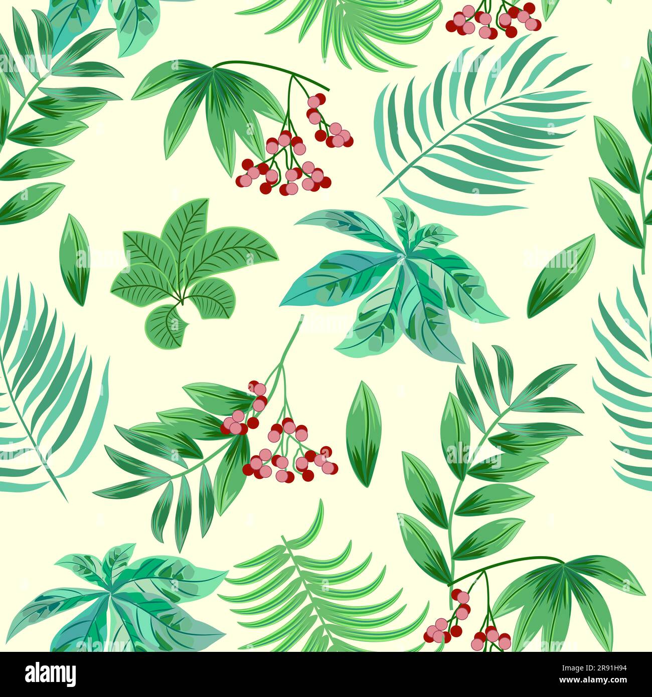 Seamless pattern with red berries and tropical leaves of palm tree. Botany vector background, jungle wallpaper. Stock Vector