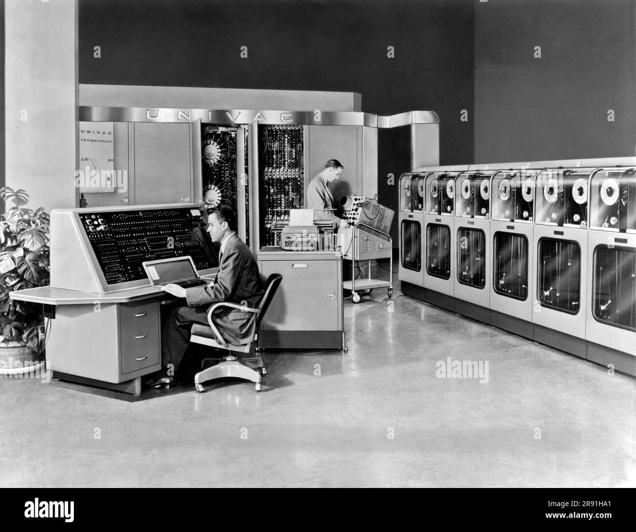 Philadelphia, Pennsylvania:  1951. The Remington Rand Univac (Universal Automatic Computer) was the first commercial computer produced in the United States. The first Univac was sold on March 31, 1951, to the U.S. Census Bureau. Stock Photo