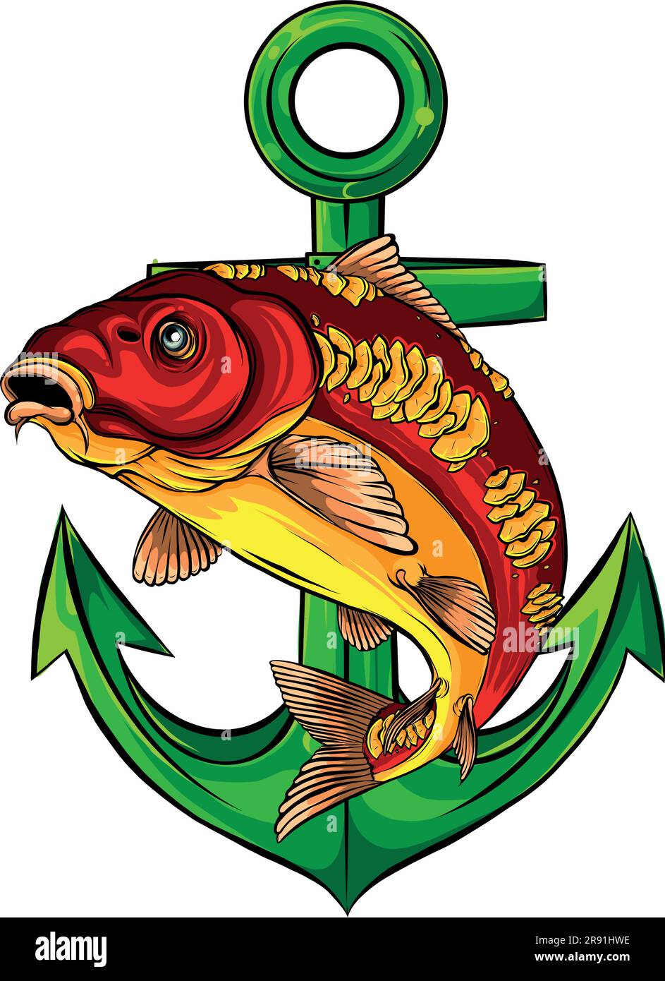 vector illustration of carp fish with anchor Stock Vector