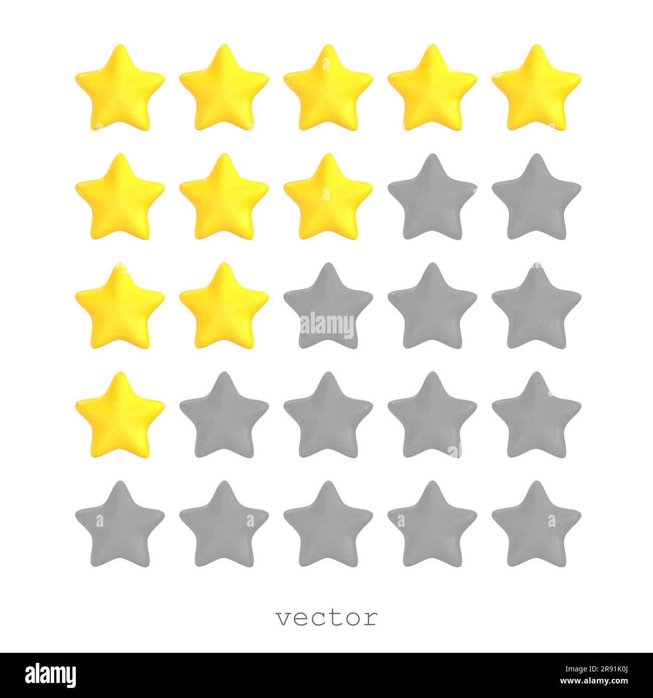 Five 3D vector stars, yellow and grey colors. Customer rating feedback concept. Realistic 3d cartoon ctyle. For web design, ranking of website or mobi Stock Vector