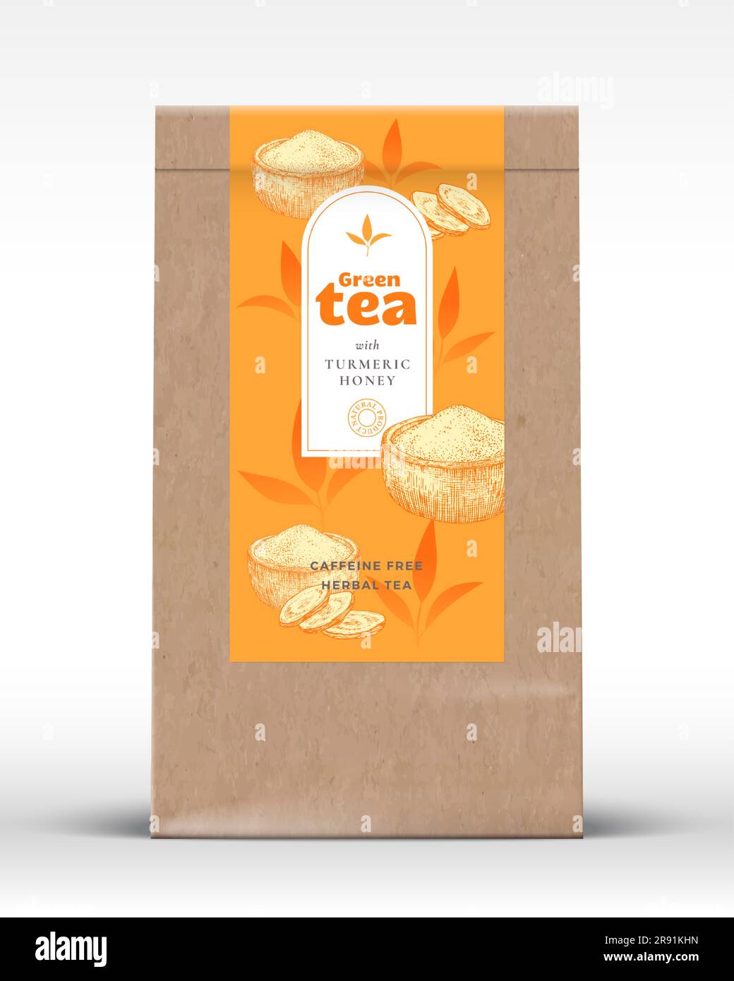 Craft Paper Bag with Tea Label. Realistic Vector Pouch Packaging Design Layout. Modern