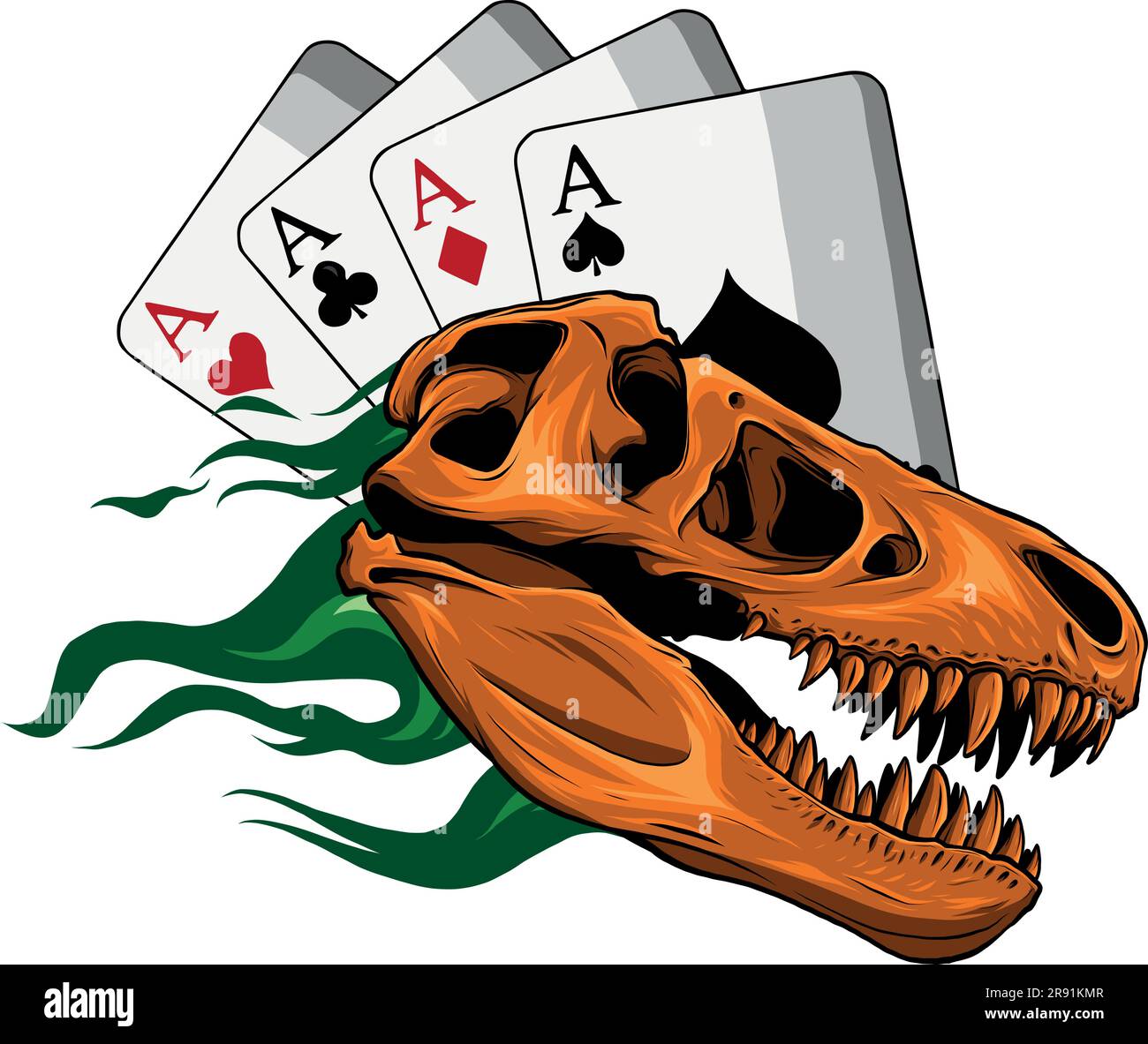 vector illustration of Dinosaur Skull with flames and poker card Stock ...